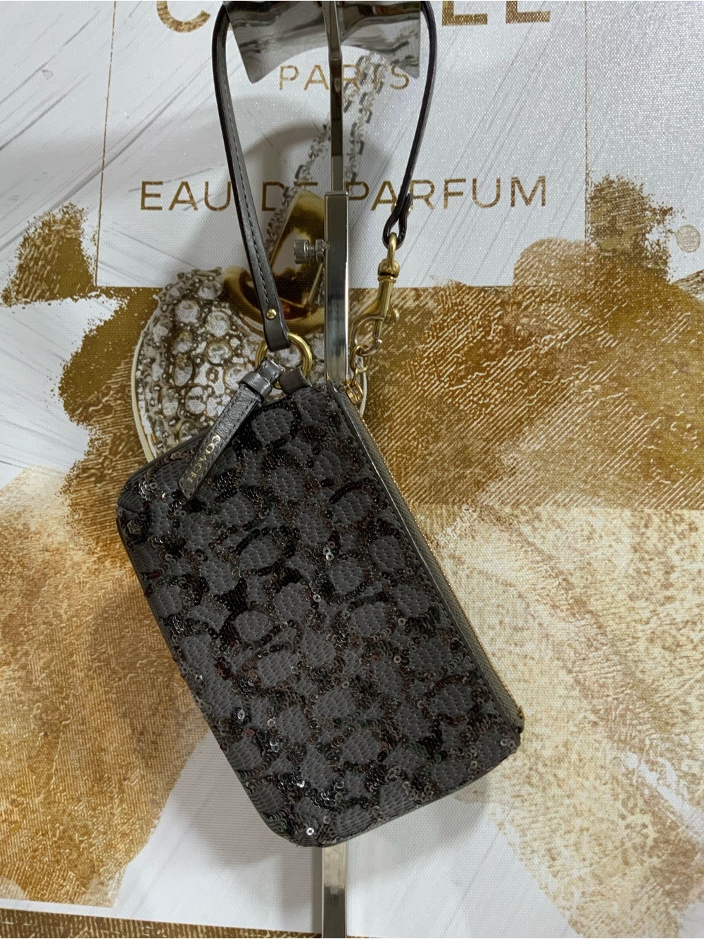 Coach Black Sequin Signature Wristlet with Detachable Strap
